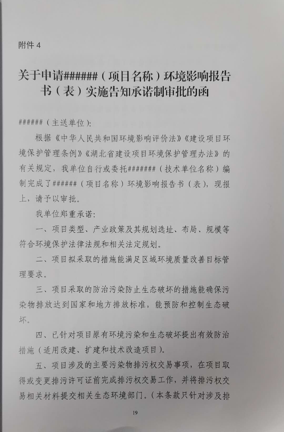 關于申請（項目名稱）環境影響報告書（表）實施告知承諾制審批的函